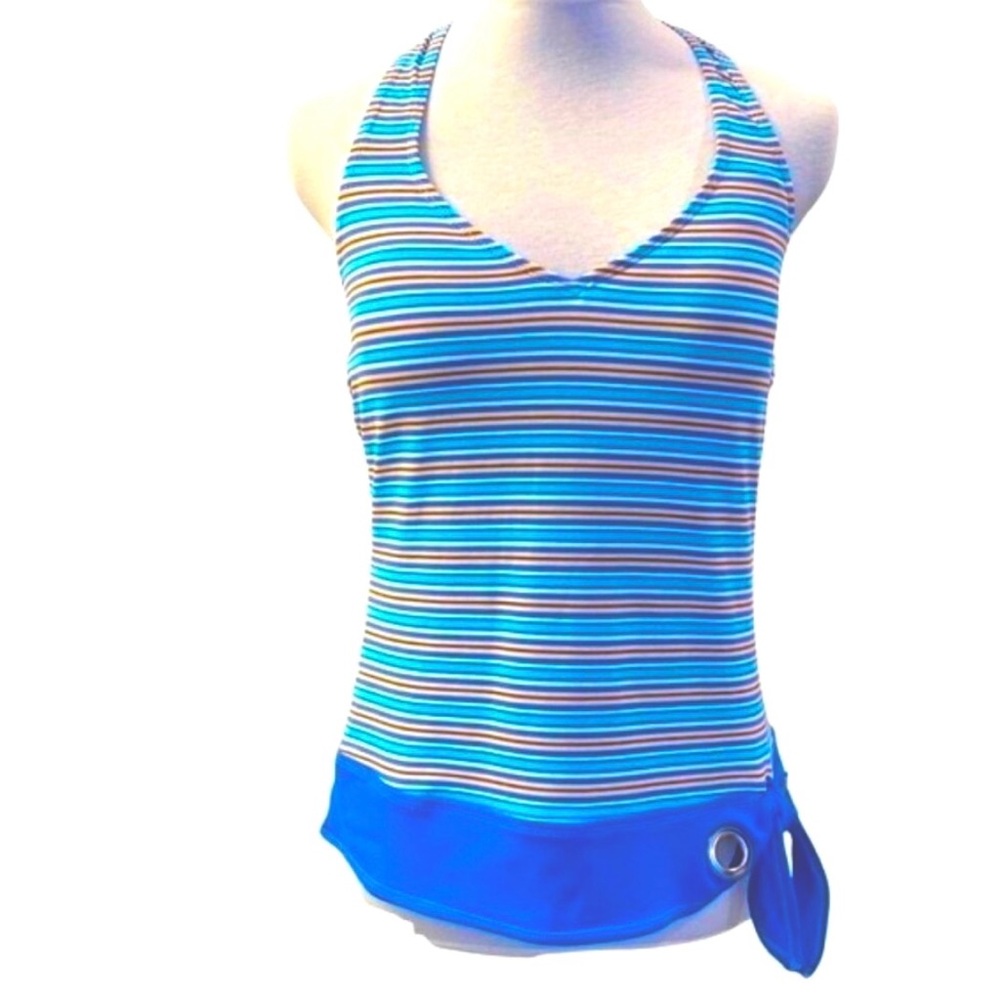 Beach House striped halter tankini with side grommet tie. Women's size 12